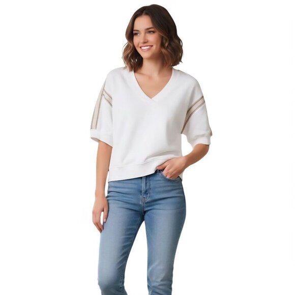 Evereve Tops - Evereve Dex Sweatshirt Vneck Short  Sleeve Beige Stripe Fleece Terry Size L